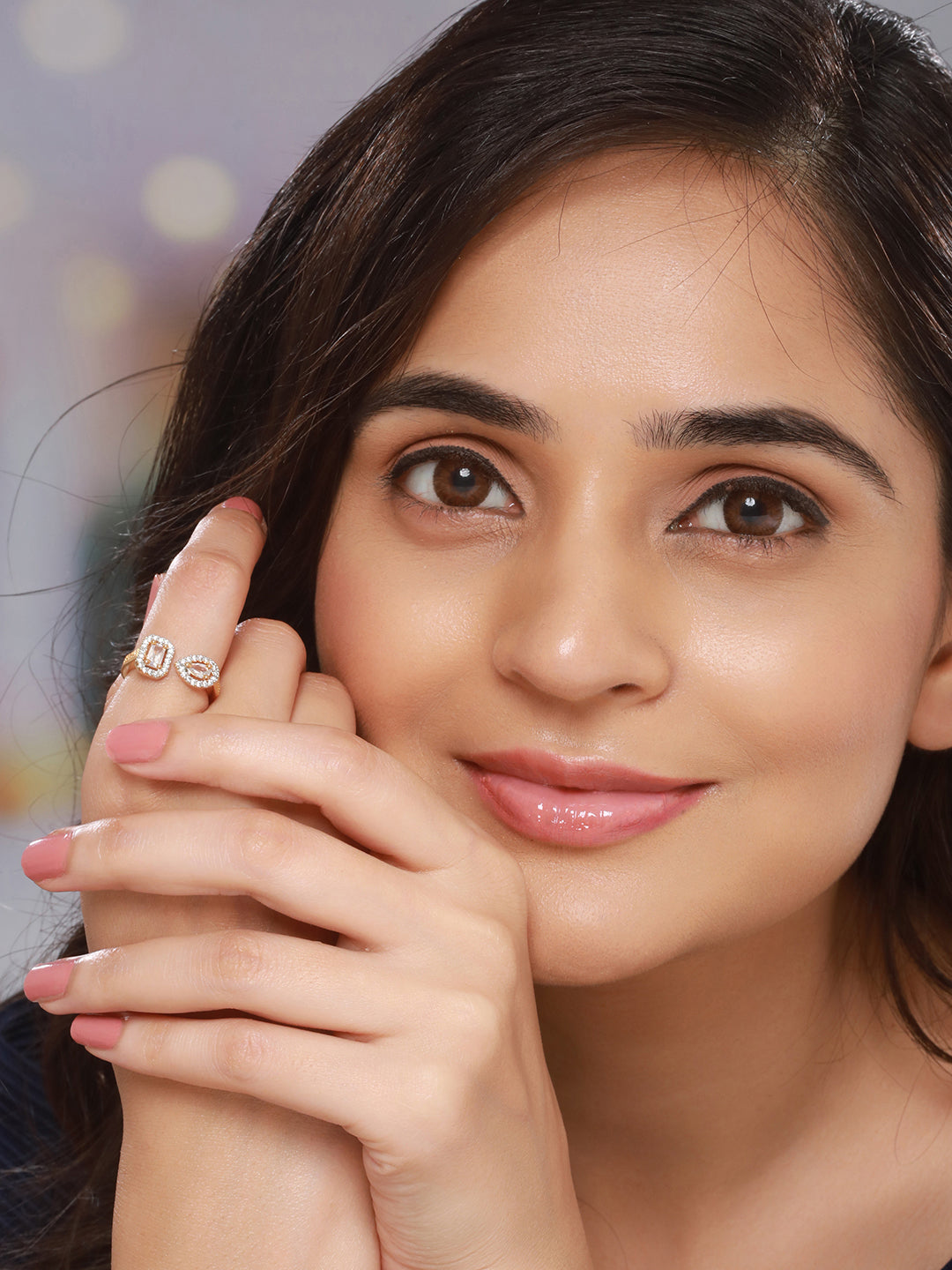 Gold Toned AD Studded Minimal Engagement Solitaire Finger Ring